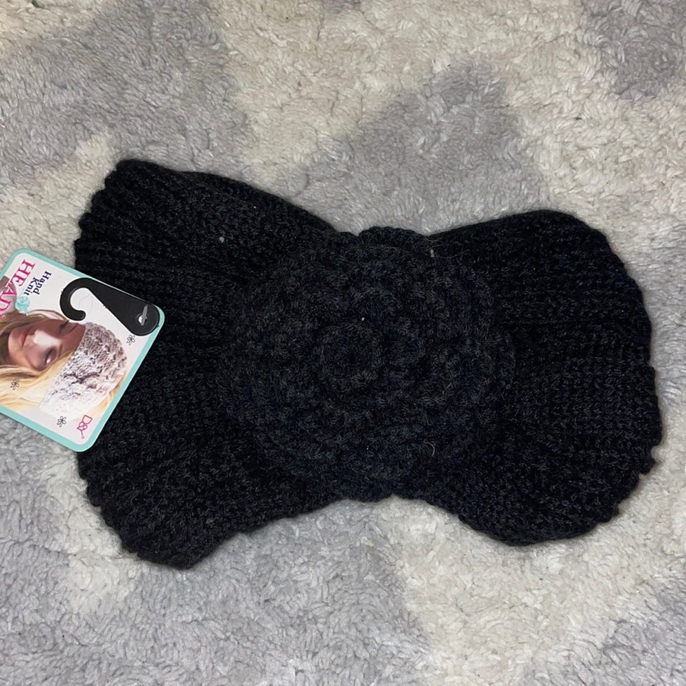 Black Knit Ear Warmer with Flower